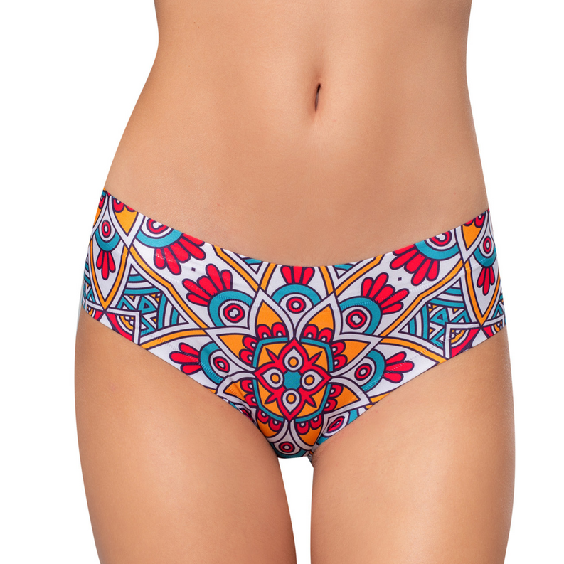 Women's slip panty, colorful mandala geometric print, full brief front view
