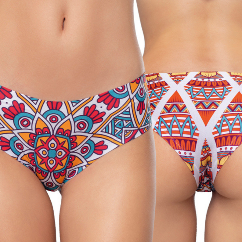 Women's slip panty, side view, colorful floral-and-geometry print bikini cut