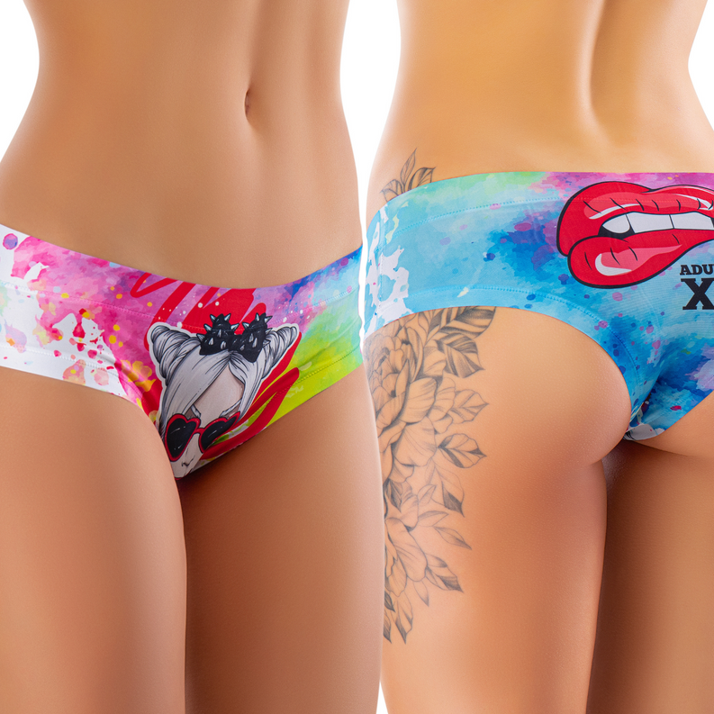 Women's slip panty with colorful side panel print and red black character graphic