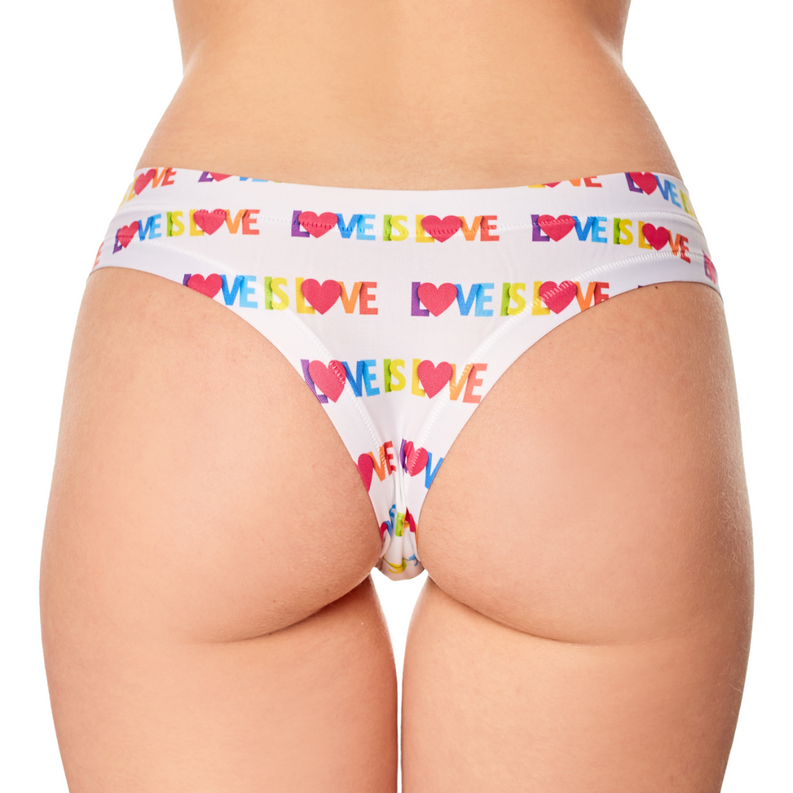 Women’s white thong underwear with multicolor LOVE pattern and red heart accents