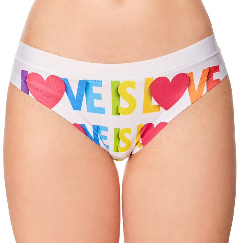 Women’s white thong underwear with multicolor LOVE lettering and large red heart designs