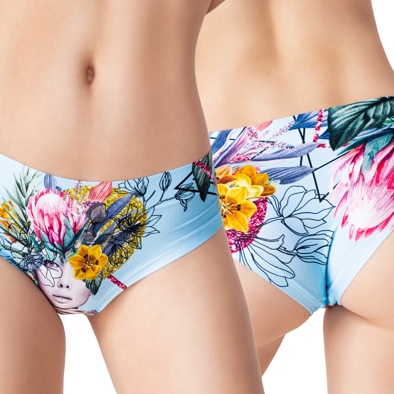 Blue floral slip panty close-up with colorful flower print and elastic waistband