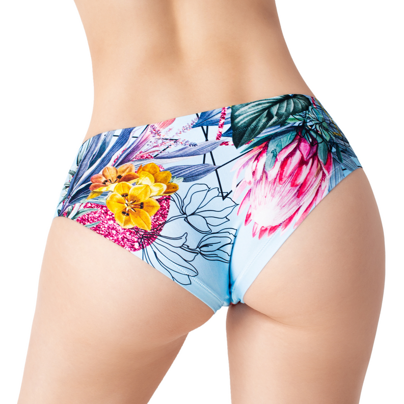 Blue floral bikini panty with colorful flower and leaf print, elastic waistband