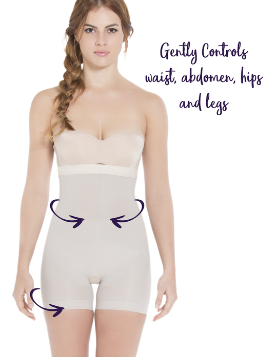 Nude mid-thigh slimmer briefs on model with smooth front panel and leg coverage