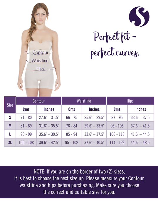 Size chart graphic for mid-thigh shaping briefs with contour waist and hips