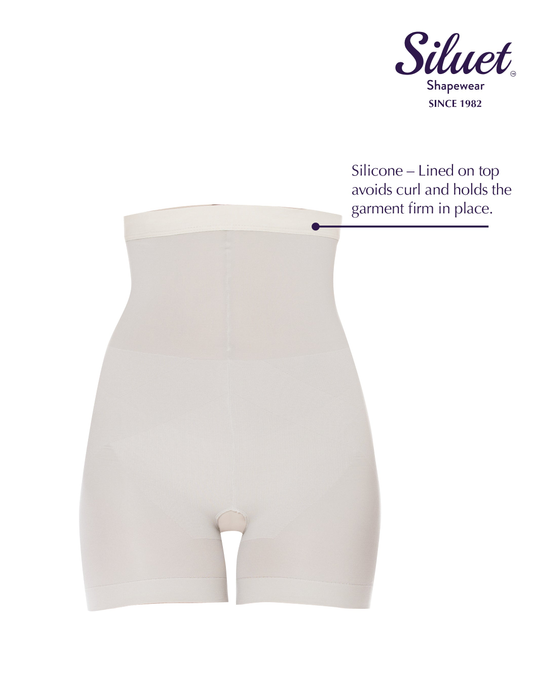 Nude mid-thigh shaping briefs with seamless front panel and open crotch