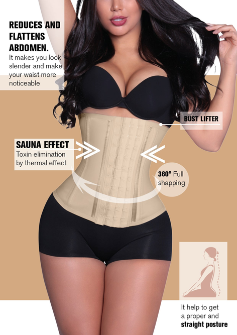 Nude latex waist trainer corset, front hook rows and hourglass shaping panels