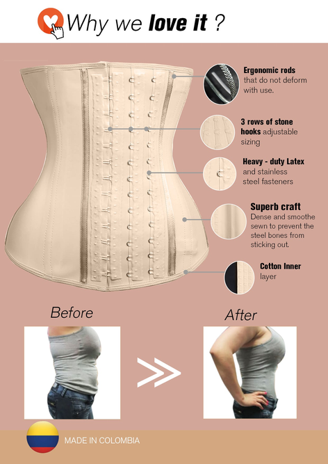 Beige waist trainer diagram showing hook closure rows and structured panels