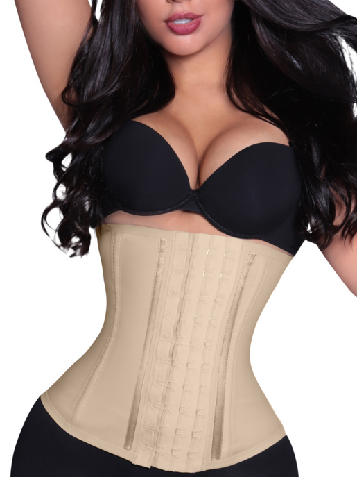 Nude waist trainer corset with center front hook closure and vertical boning