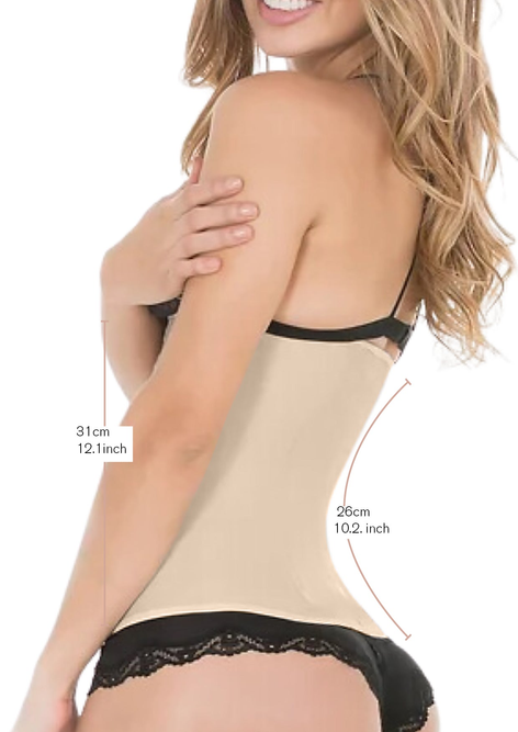 Nude waist trainer corset side view with curved boning and hook closure