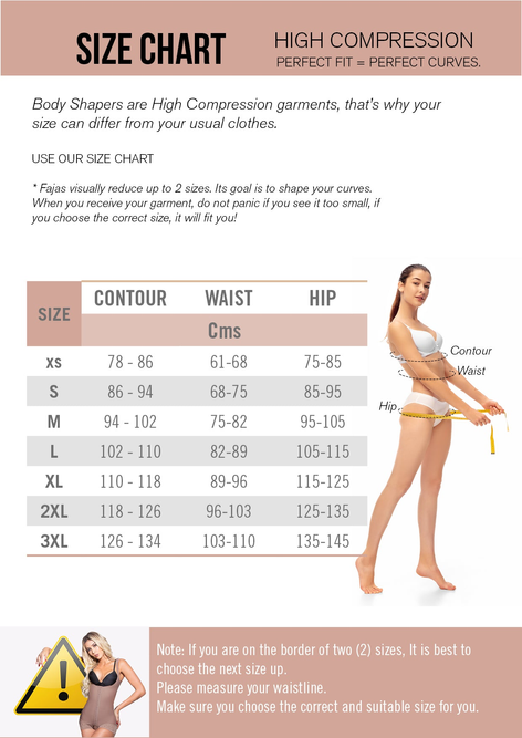 Waist trainer size chart with contour, waist, and hip measurement table