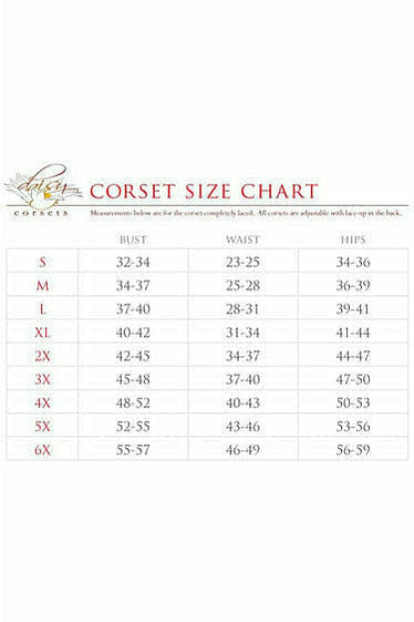 Corset size chart with bust, waist, and hip measurements for S to 6X