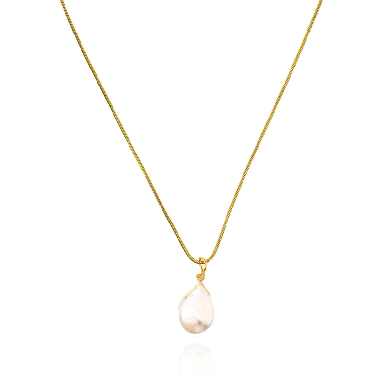 Gold-tone teardrop pearl drop pendant on thin chain