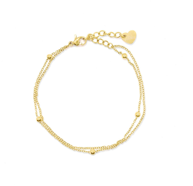 Gold-tone double chain bracelet with heart charm and adjustable links