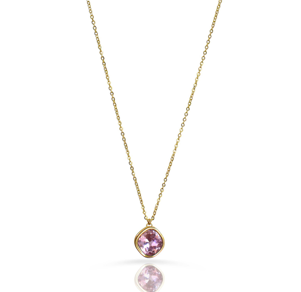 Gold chain pendant with round pink amethyst gemstone, bezel-set