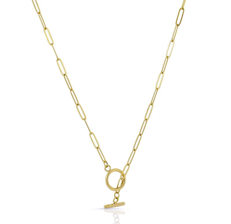 Gold paperclip chain necklace with round toggle and dangling bar charm