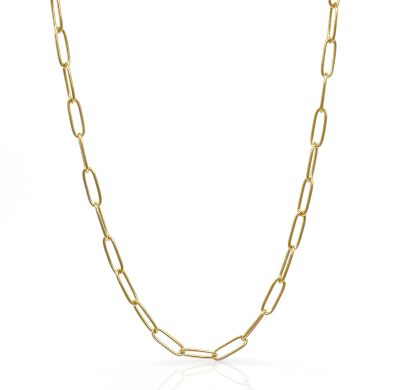 Gold paperclip chain necklace with linked oval links and small clasp at center