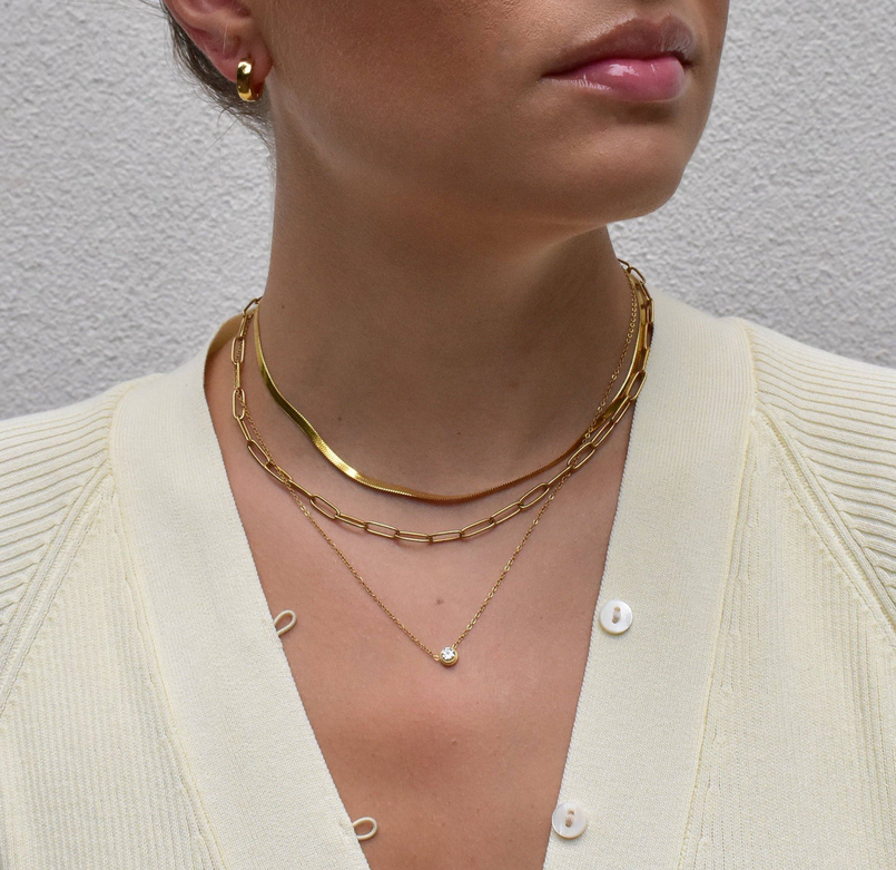 Layered gold paperclip chain necklaces with small round charm pendant