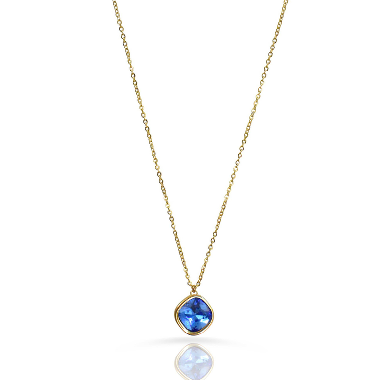 Round blue gemstone pendant on thin gold chain, front view