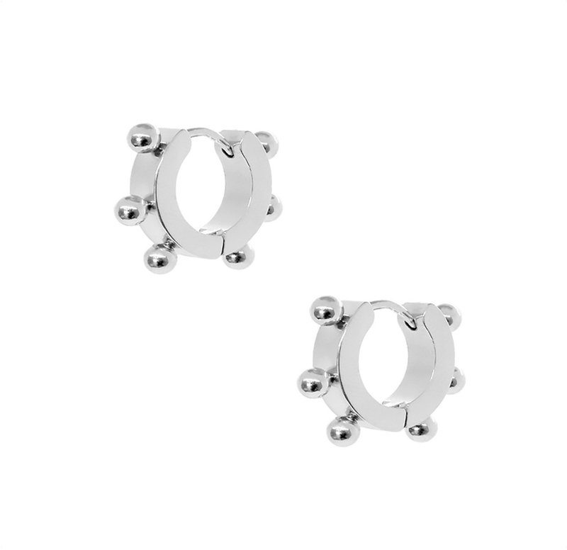 Silver huggie hoop earrings with bead details, pair view