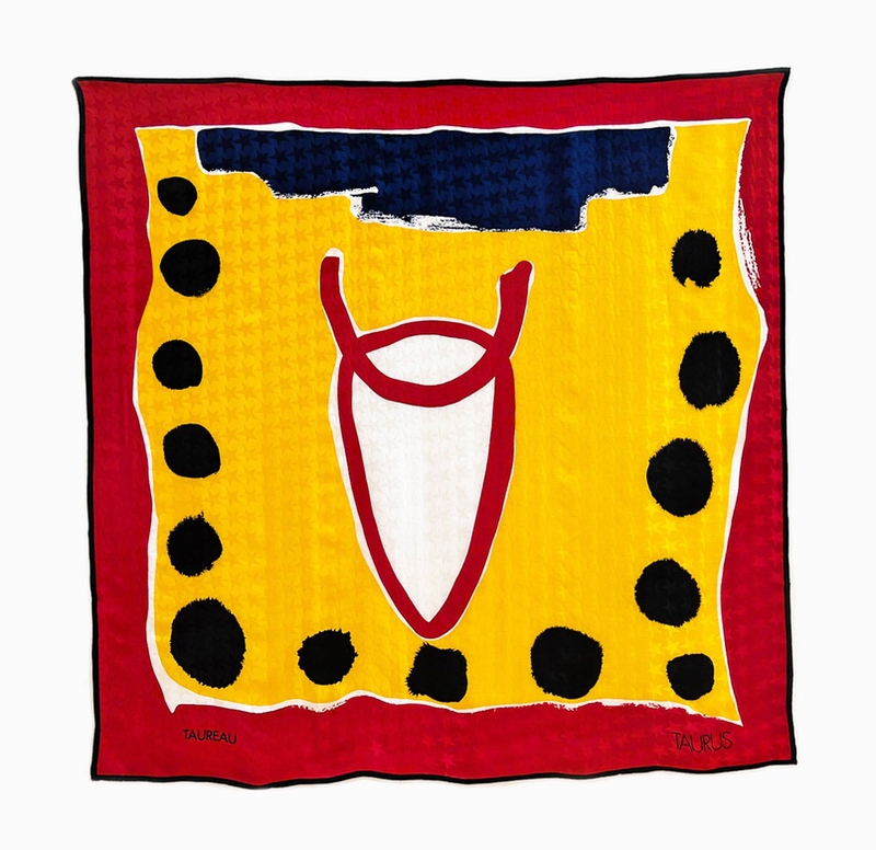 Square silk scarf with yellow and navy Taurus graphic on red border