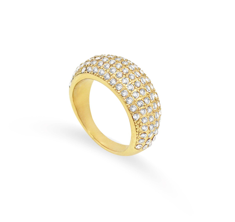 Gold-tone dome pave ring with round crystal face, side angle