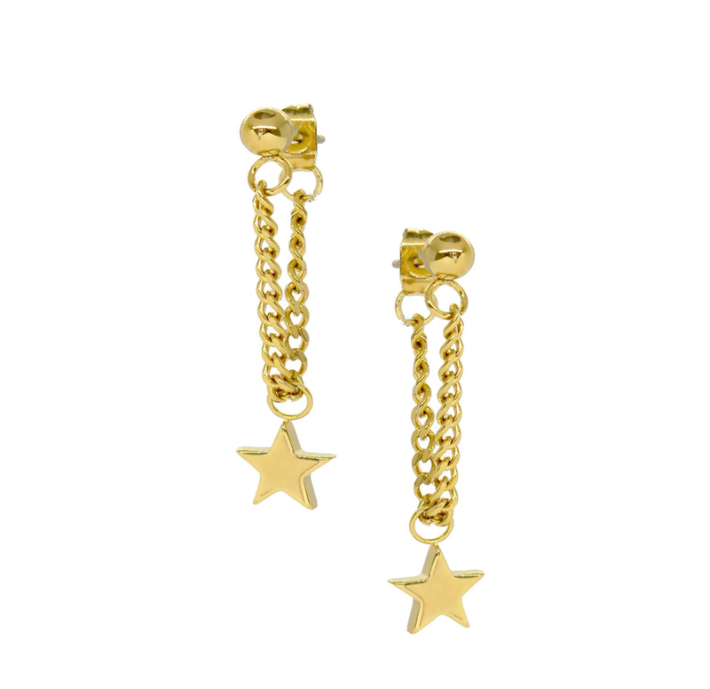 Gold star drop hoop earrings with linked chain loops and star dangles.