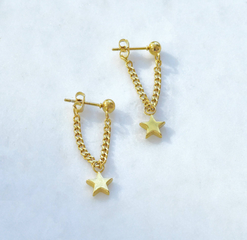 Gold hoop earrings with star charms and small chain loops, pair.