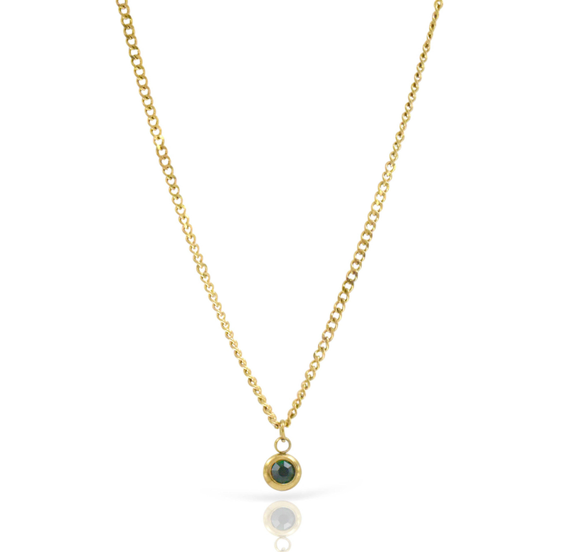 Gold pendant necklace with round emerald-green birthstone and polished link chain