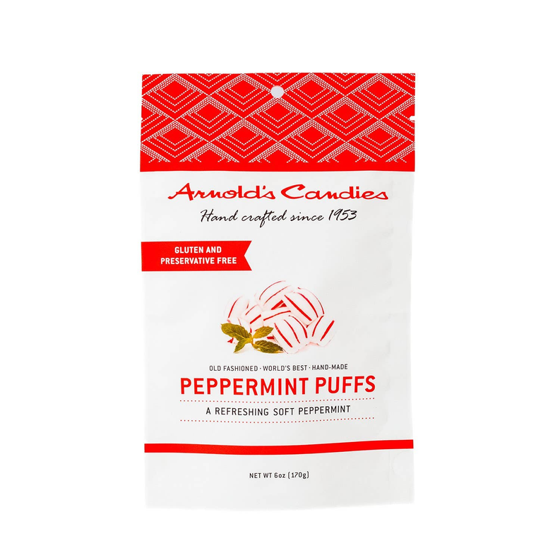 Arnold's Candies peppermint puffs candy bag, red and white, net wt 6 oz