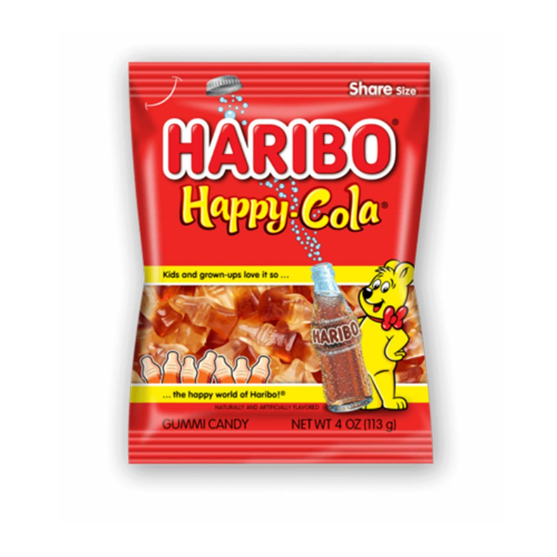 Haribo Happy Cola gummy candy pouch, cola bottle graphic, share size