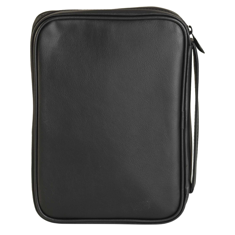 Bible cover back view in black faux-leather with zipper cord detail