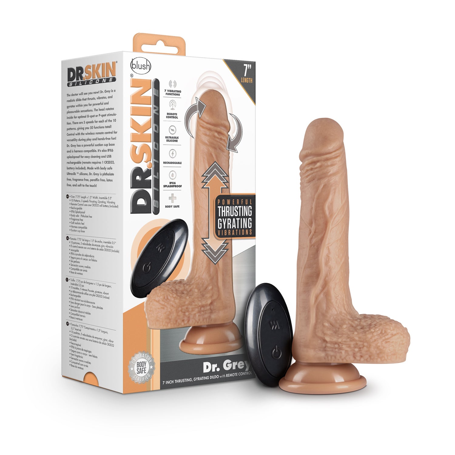 Dr. Skin Silicone - Dr. Grey - 7 Inch Thrusting  Dildo - Vanilla - GreatEagleInc
