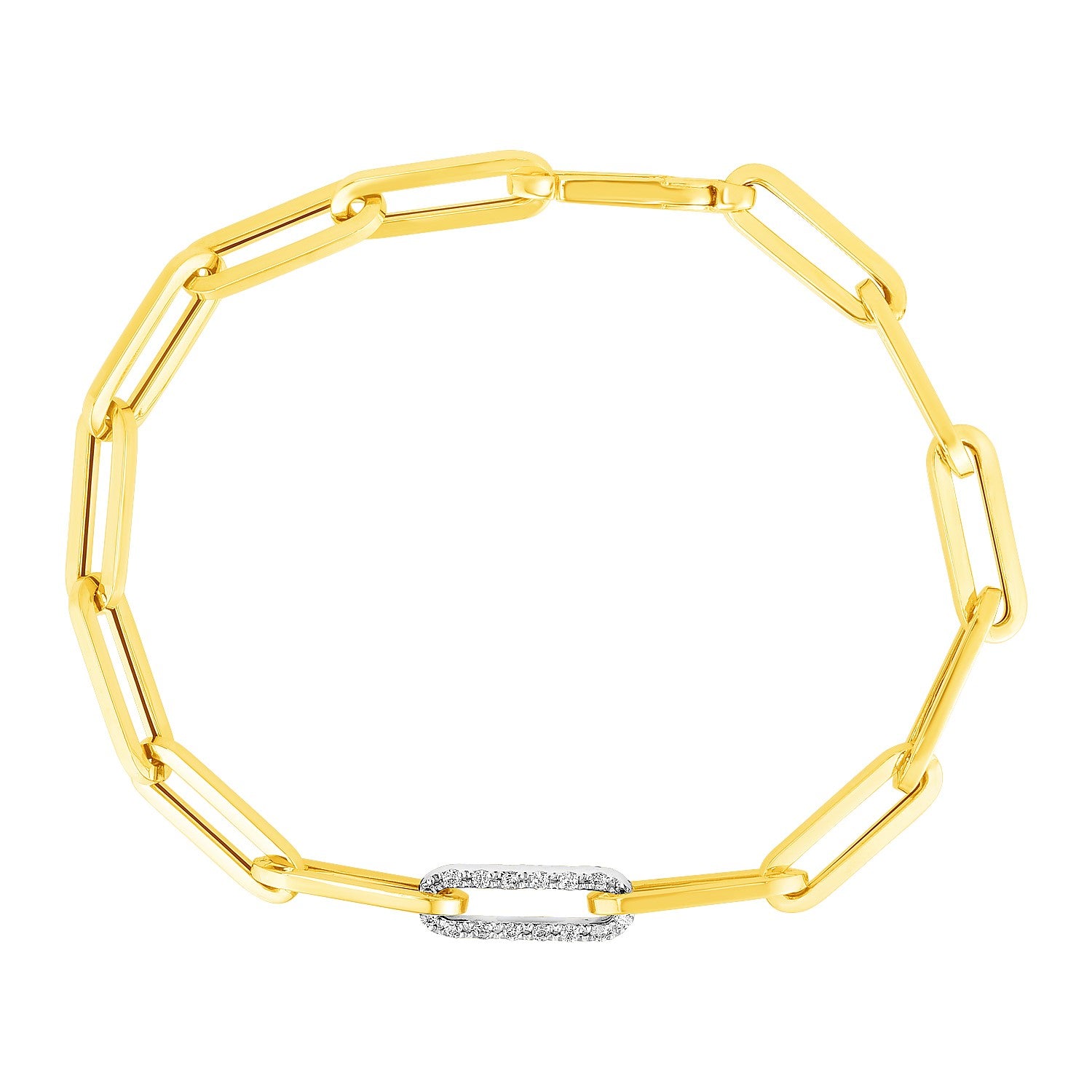 14k Yellow Gold Paperclip Chain Bracelet with Diamond Link - 7.5'' - Apparel & Accessories