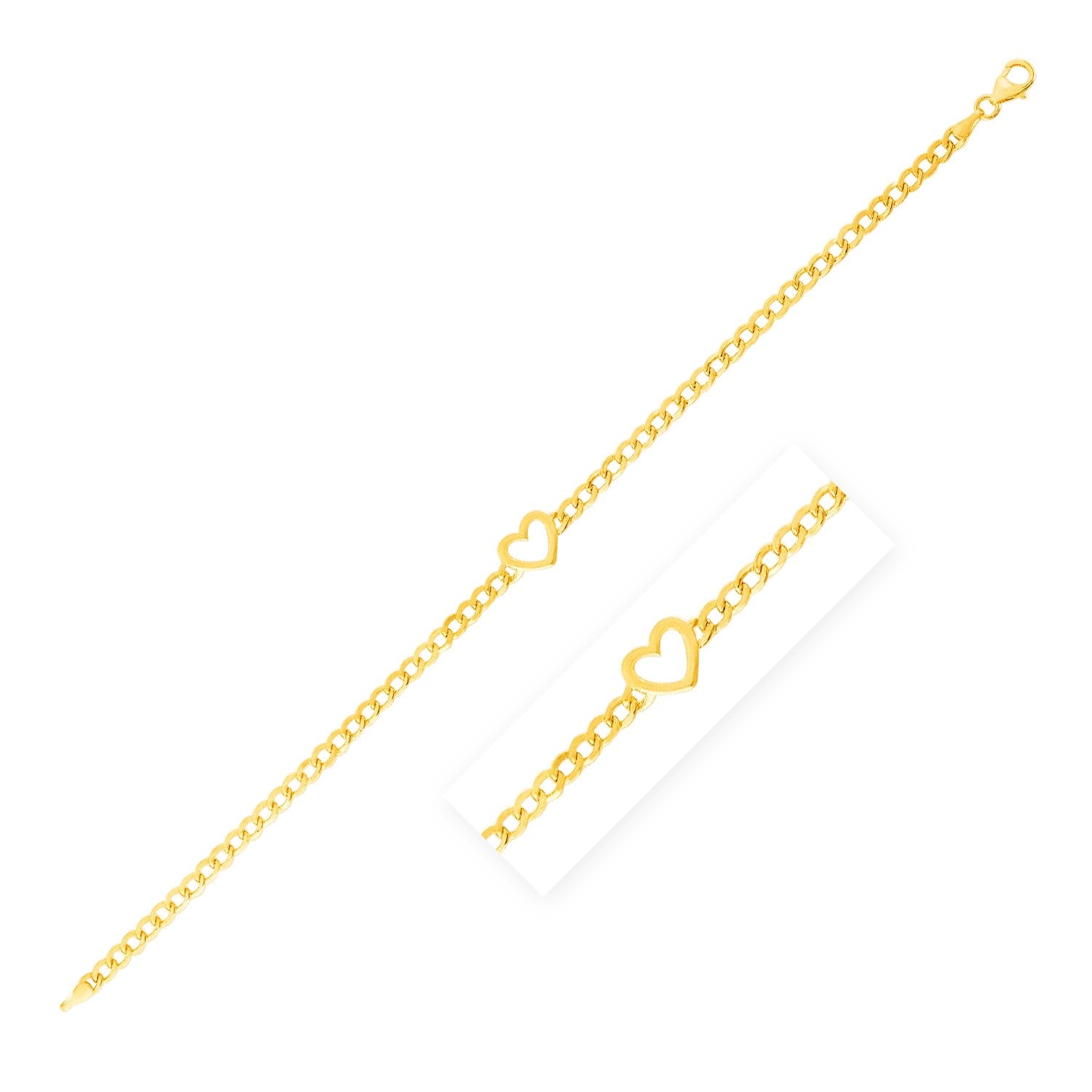 14k Yellow Gold 7 inch Curb Chain Bracelet with Heart 7''