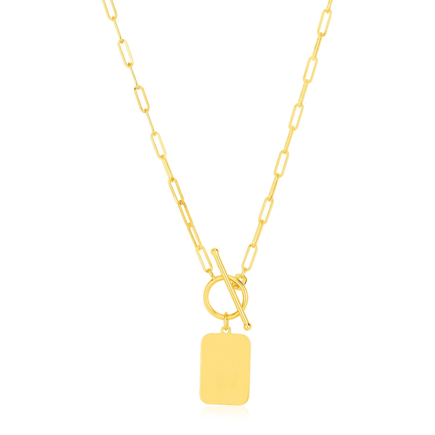 14k Yellow Gold Paperclip Chain Necklace with Rounded Rectangle Pendant - 18'' - Apparel & Accessories