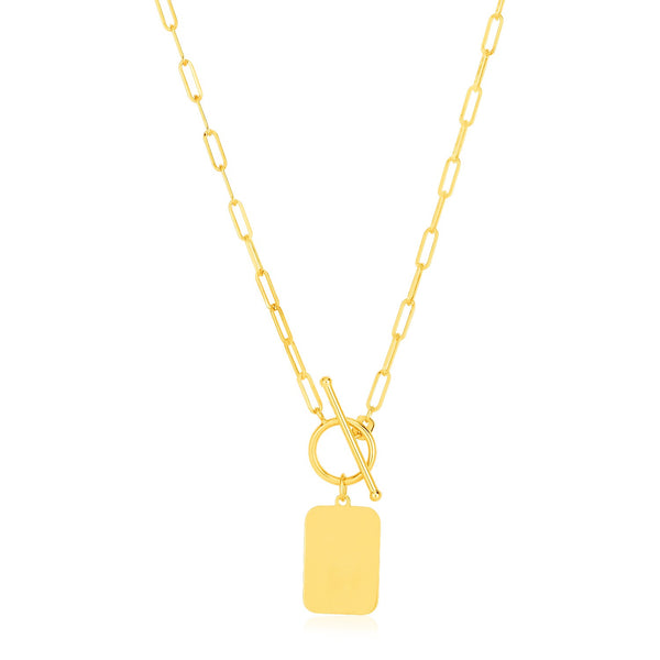 14k Yellow Gold Paperclip Chain Necklace with Rounded Rectangle Pendant - 18'' - Apparel & Accessories