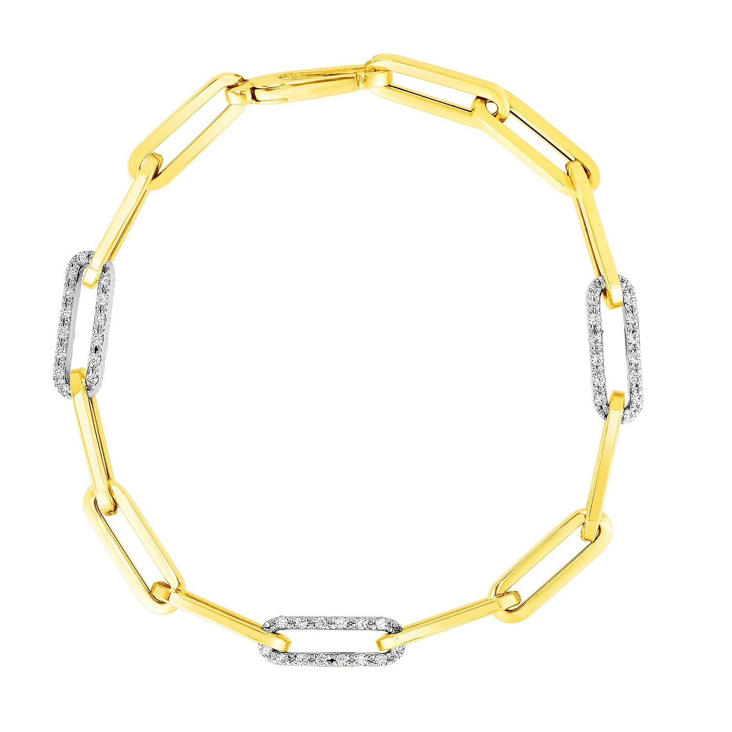 14k Yellow Gold 7 1/2 inch Paperclip Chain Bracelet with Three Diamond Links - 7.5'' - Apparel & Accessories