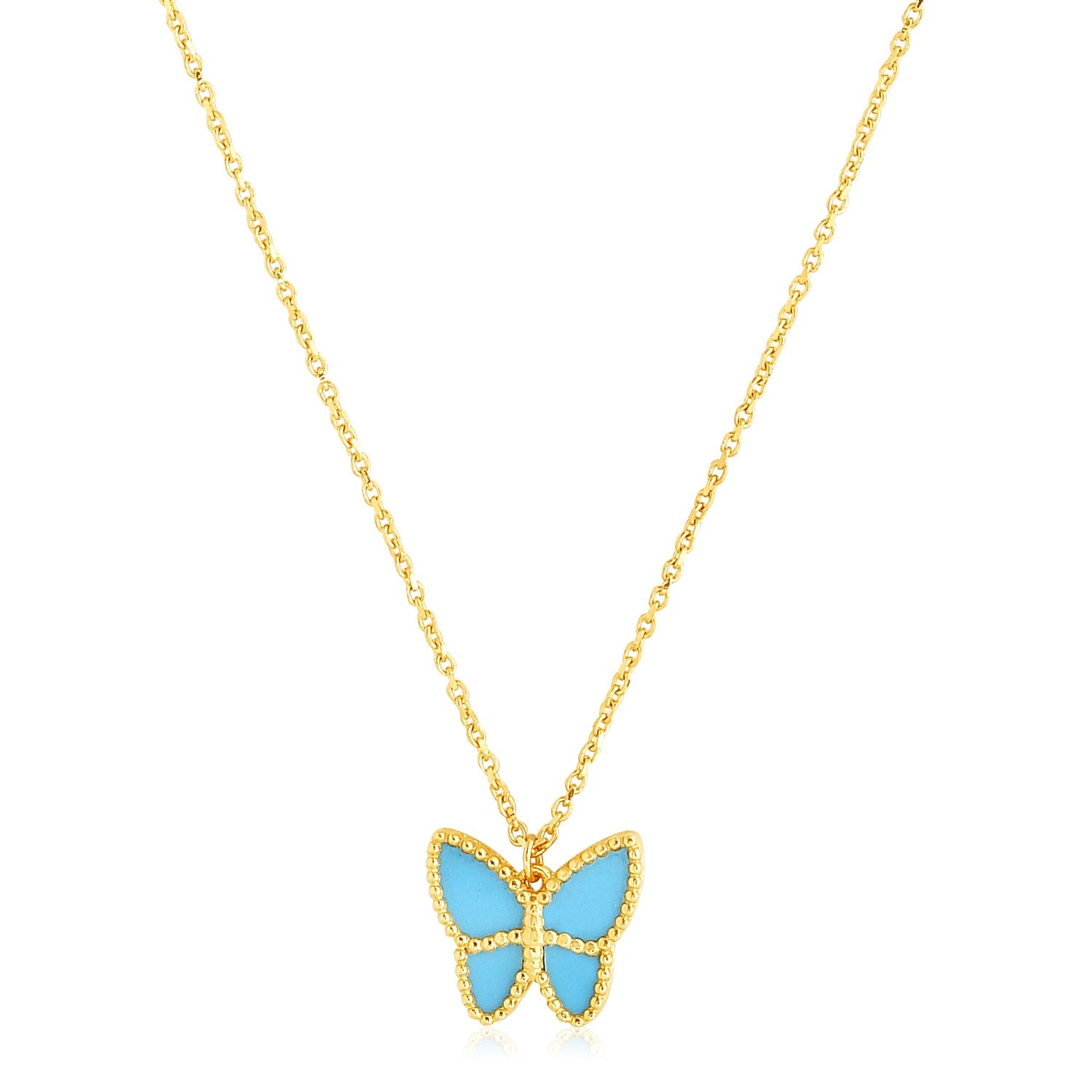 14k Yellow Gold High Polish Butterfly Turquoise Paste Necklace - 18'' - Apparel & Accessories