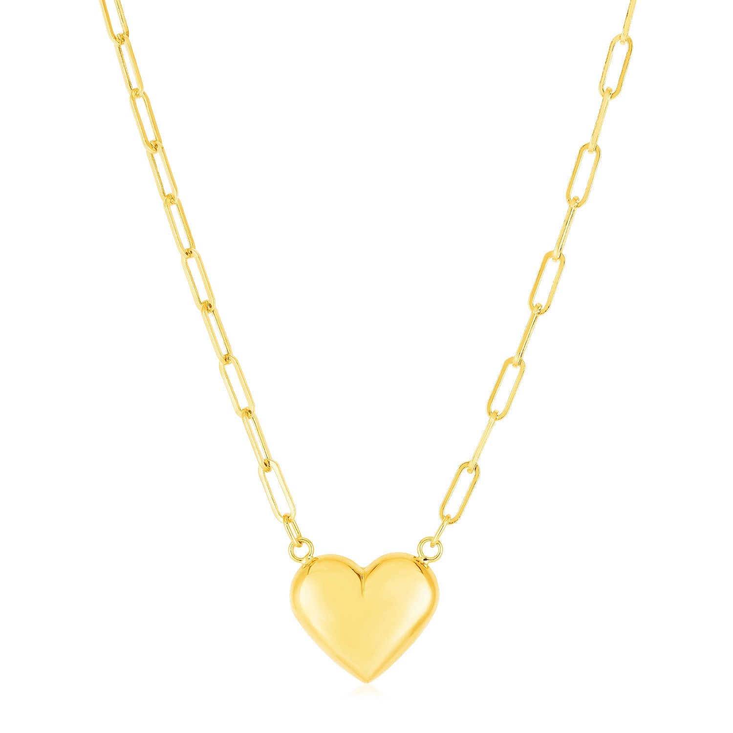14k Yellow Gold Paperclip Chain Necklace with Puffed Heart 18''