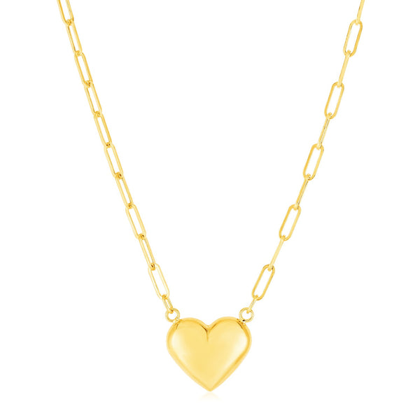14k Yellow Gold Paperclip Chain Necklace with Puffed Heart 18''