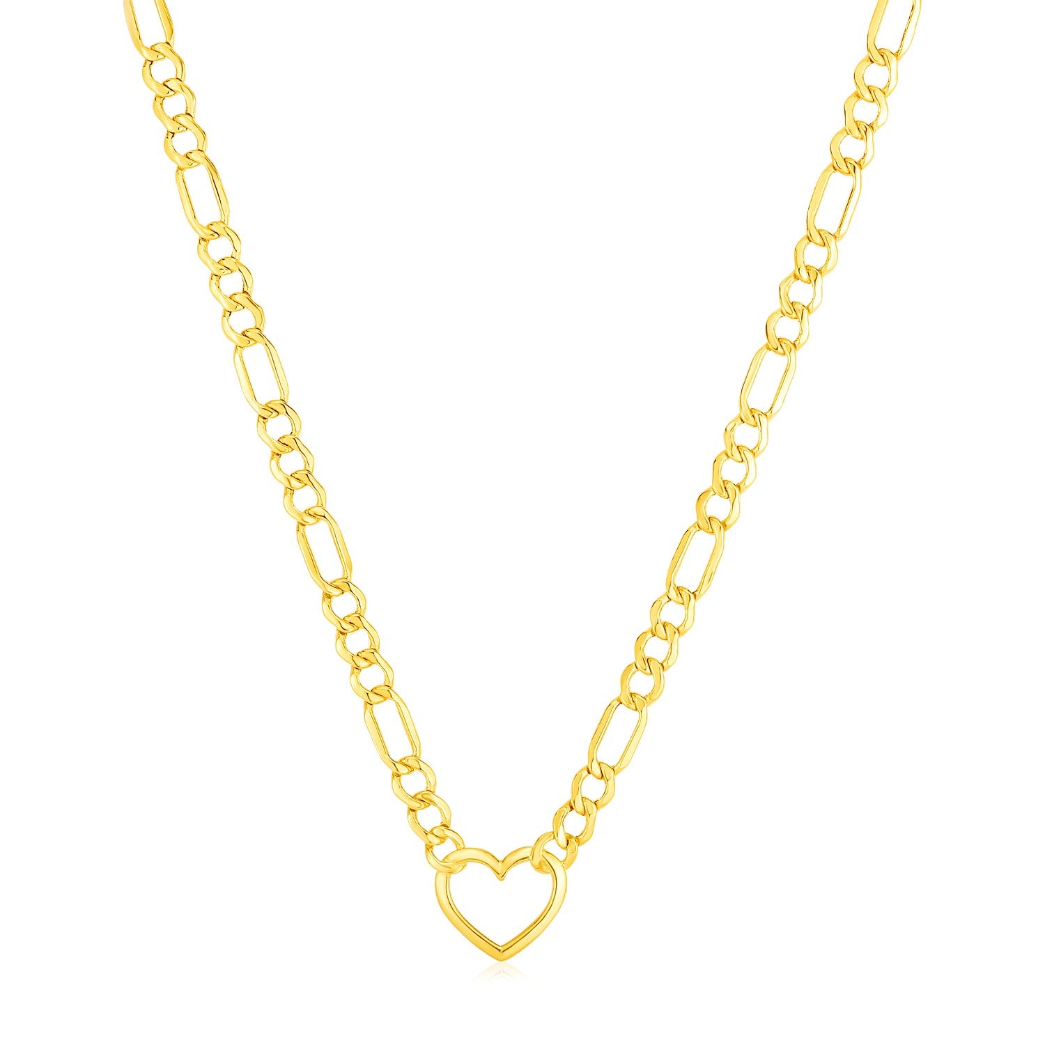 14k Yellow Gold Figaro Chain Necklace with Heart - 18'' - Apparel & Accessories