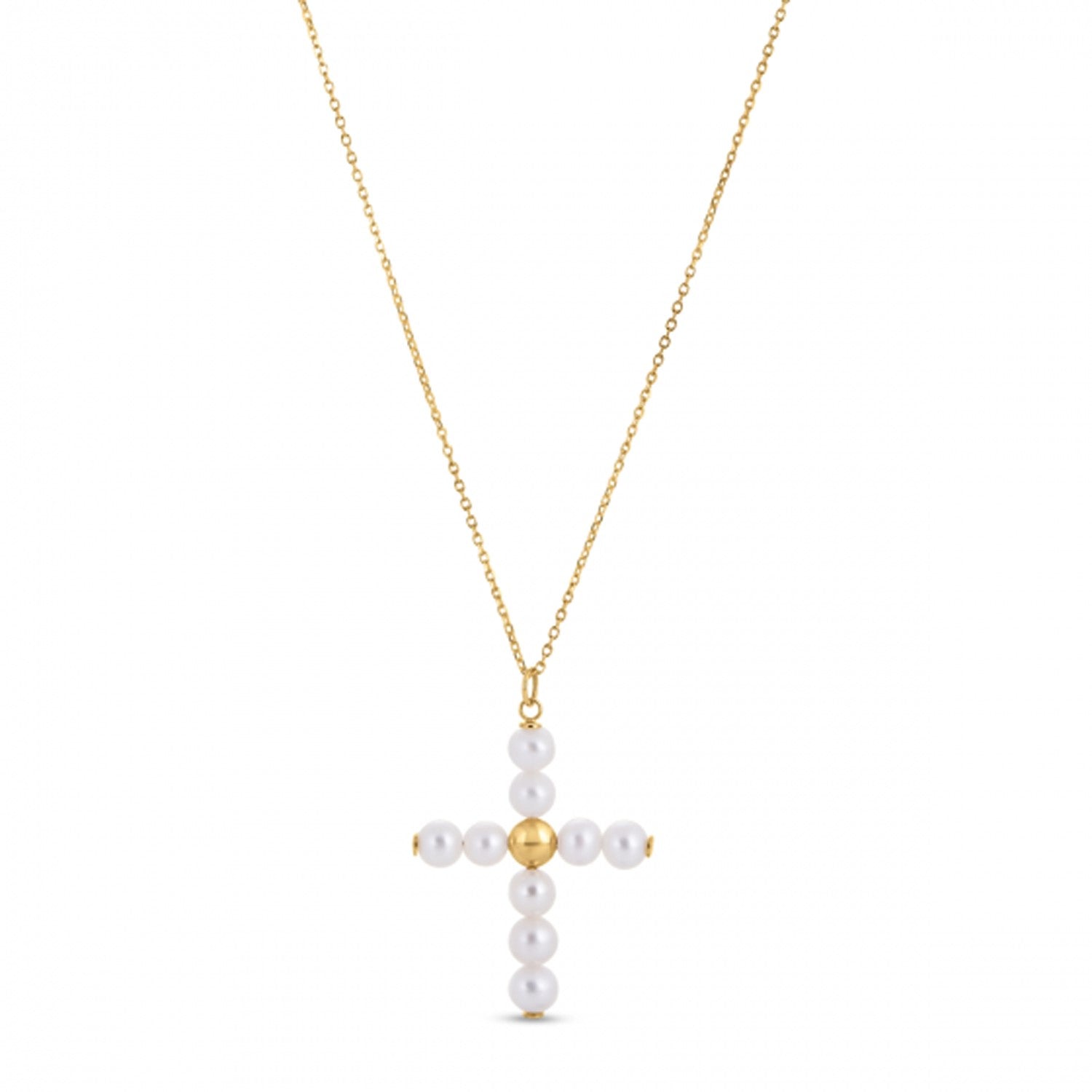 14k Yellow Gold Pearl Cross Pendant - GreatEagleInc