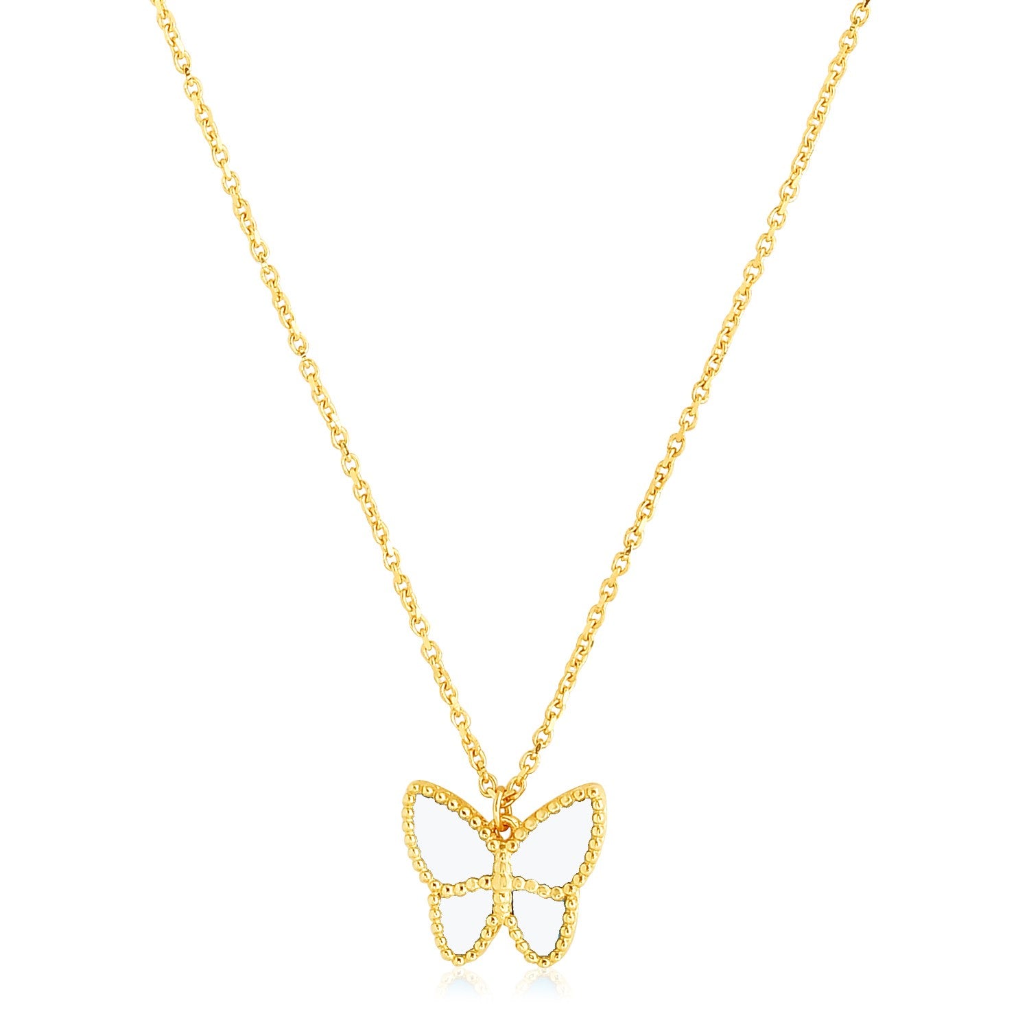 14k Yellow Gold High Polish Butterfly Peral Paste Necklace - 18'' - Apparel & Accessories