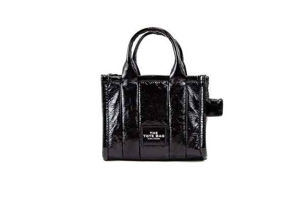 Marc Jacobs shiny crinkle micro leather tote bag, black with top handles