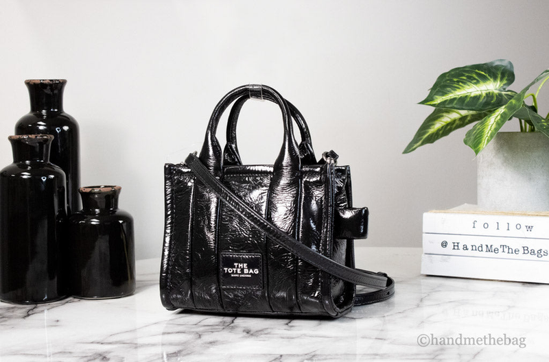Marc Jacobs micro leather tote with shiny crinkle finish and crossbody strap, black