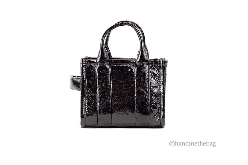 Marc Jacobs micro leather tote bag, glossy black crinkled texture, front view
