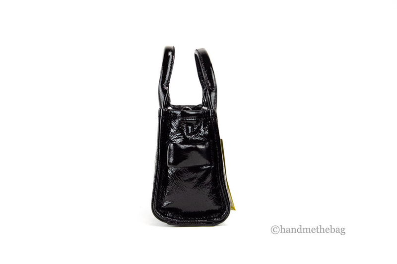 Marc Jacobs micro leather tote with top handles, glossy black, side view