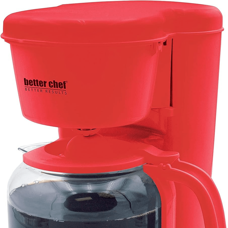 Red coffee maker with lid open and dark carafe visible in brew area