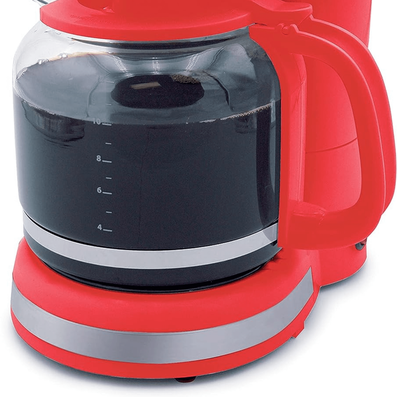 Red coffee maker base with dark carafe viewed from the front